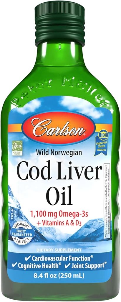 Carlson - Cod Liver Oil 1100 mg Omega-3s Plus Vitamins A & D3 - Wild Caught EPA DHA Omega 3 Supplement - Norwegian Arctic, Sustainably Sourced Nordic Fish Oil Liquid, Unflavored, 250 ml (8,4 Fl Oz)