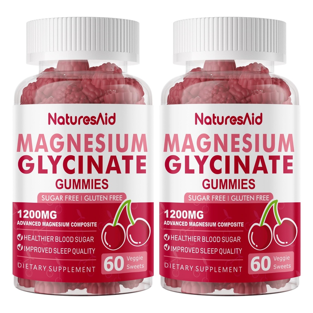 Magnesium Glycinate Gummies 1000 mg - Sokeriton magnesium Kaliumlisä D-vitamiinilla, B6, CoQ10 rauhoittavalle mieliala- ja unituoreelle - 120 kirsikkakakkua -2 pakkaus.