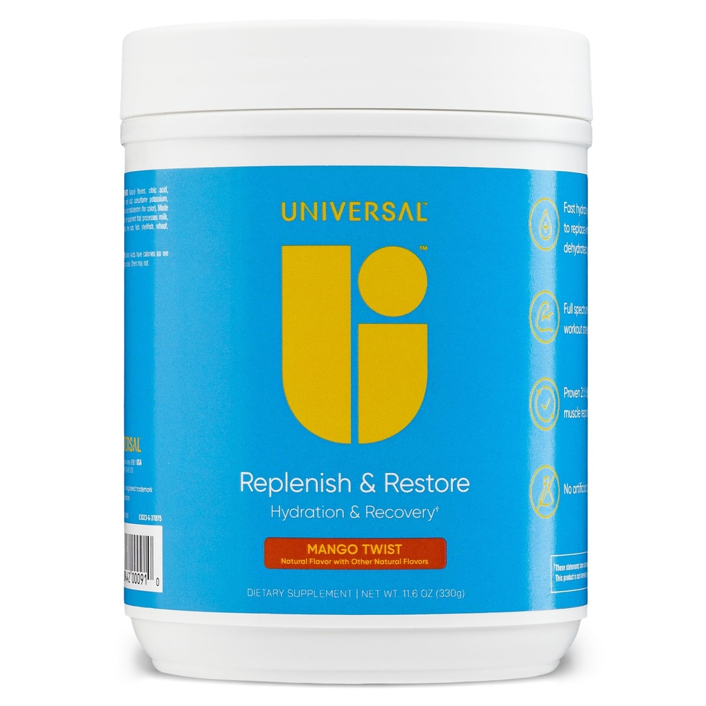 Universal U Replenish & Restore Powder, Hydration & Recovery, främjar muskelreparation och tillväxt, anpassad dosering, L-Lysine, L-Glutamin, L-Tryptophan, inga konstgjorda smaker, 30 portioner (Mango Twist)