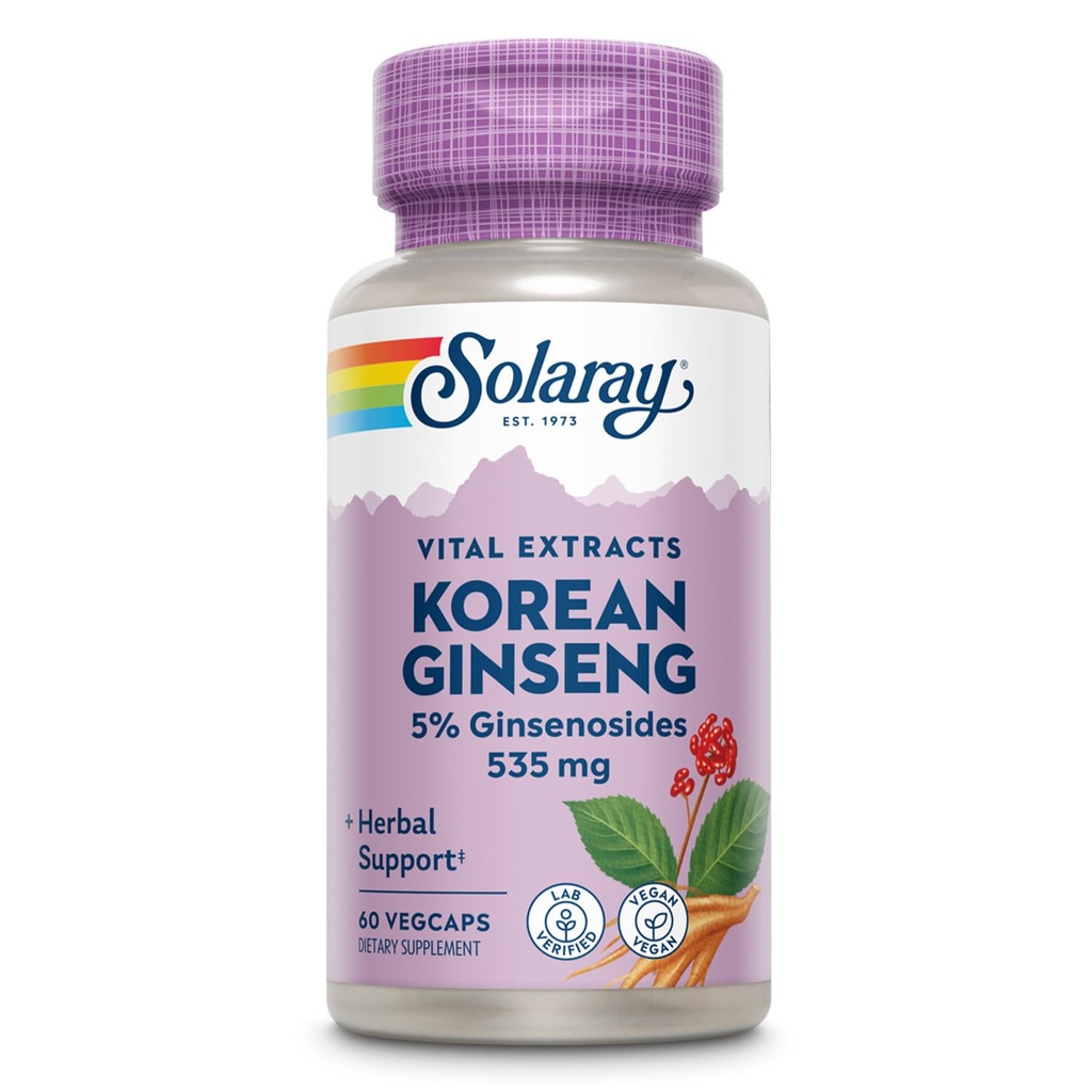 SOLARAY Korean Ginseng juuriuute - kasviperäinen tuki satunnaisia stressiä, energiaa ja fyysistä kestävyyttä - 5% Ginsenosidit - Vegan, Lab todennettu - 60 Tarjoilua, 60 VegCaps