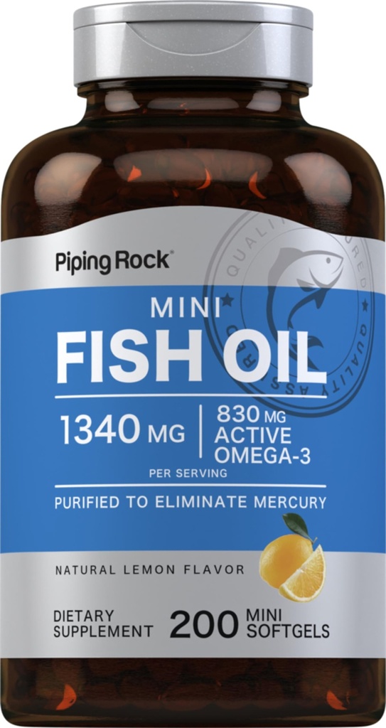 Piping Rock Mini Fish Oil 1340mg | 200 Softgels | Omega-3 Supplement för Män & Kvinnor | Lemon Flavor | Non-GMO och Gluten Free