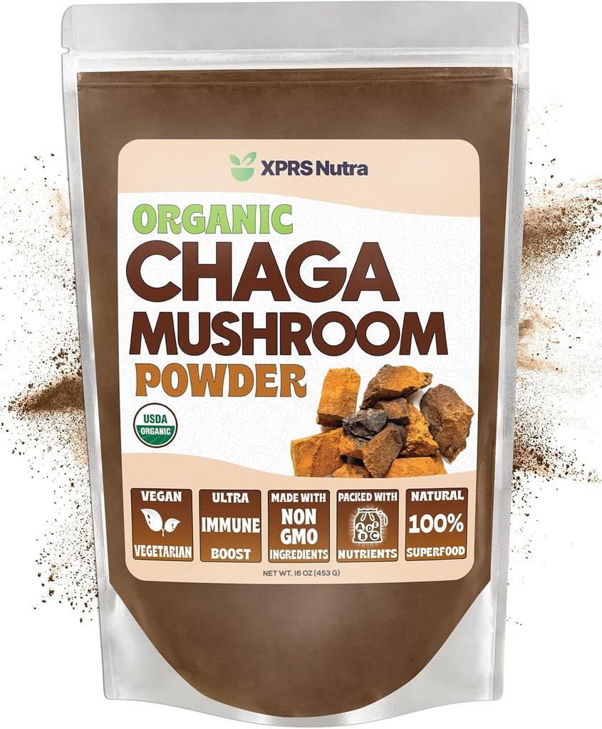 XPRS Nutra Organic Chaga Mushroom Powder - Premium USDA Organic Chaga Mushrooms Powder - Chaga Powder Supports Immuuniterveys - Vegan Friendly Superfood for Chaga Tea and Juomat (16 oz)