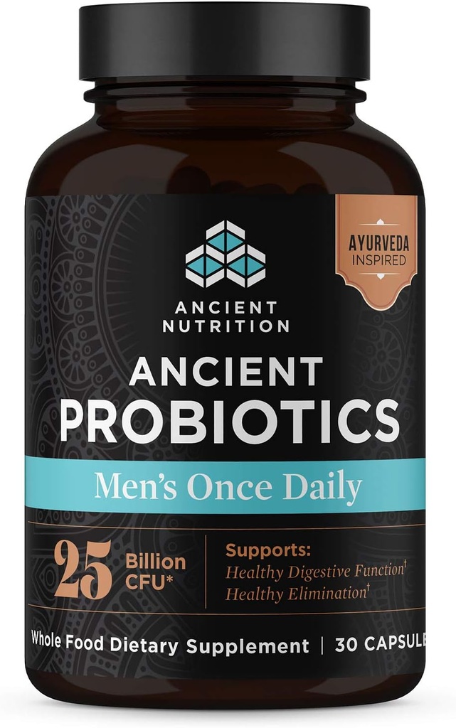 Ancient Nutrition Probiotics for Men, Ancient Probiotic Men's One Daily 30ct, Ruoansulatus- ja immuunituki, turvotus, kaasu ja ummetus Relief, Gluteenittomat, Superfoods Blend, 25 miljardia PMY