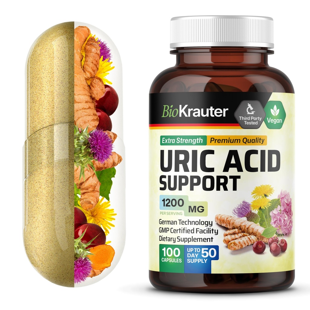 BIO KRAUTER Uric Acid Support Capsules 1200 mg Blend - 100 greve - Njurtillskott w / Tart Cherry 10:1 Extract - Mjölk Thistle & Turmeric Extract - Vegan