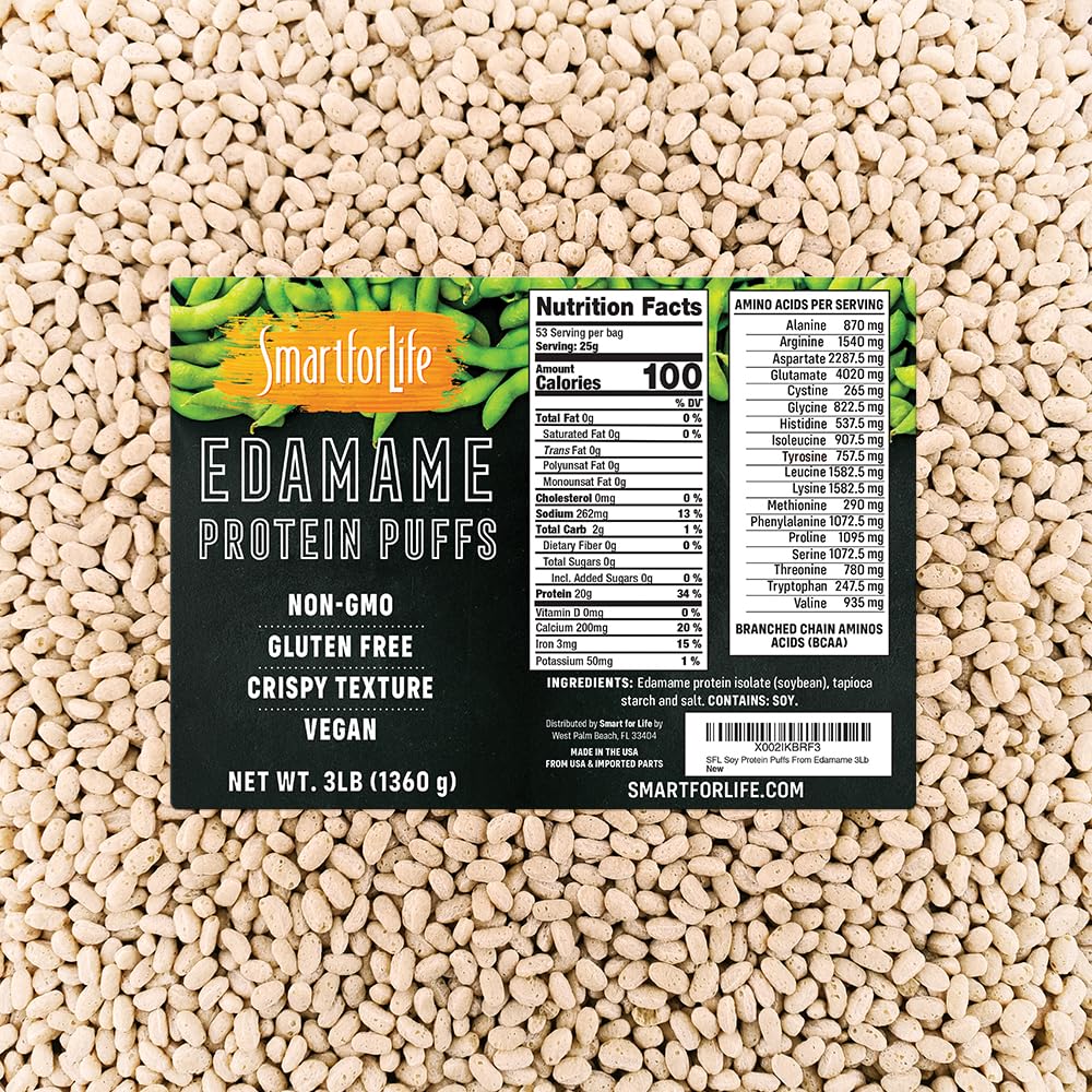 Smart for Life Soy Protein Puffs from Edamame - High Protein Zero Sugar Soy Protein Isolate Puffs - 20 Grams Protein Välipalat - Ei-GMO, Gluten-free - 3 Pound Box - 53 Tarjoilut - Soy Puffs...
