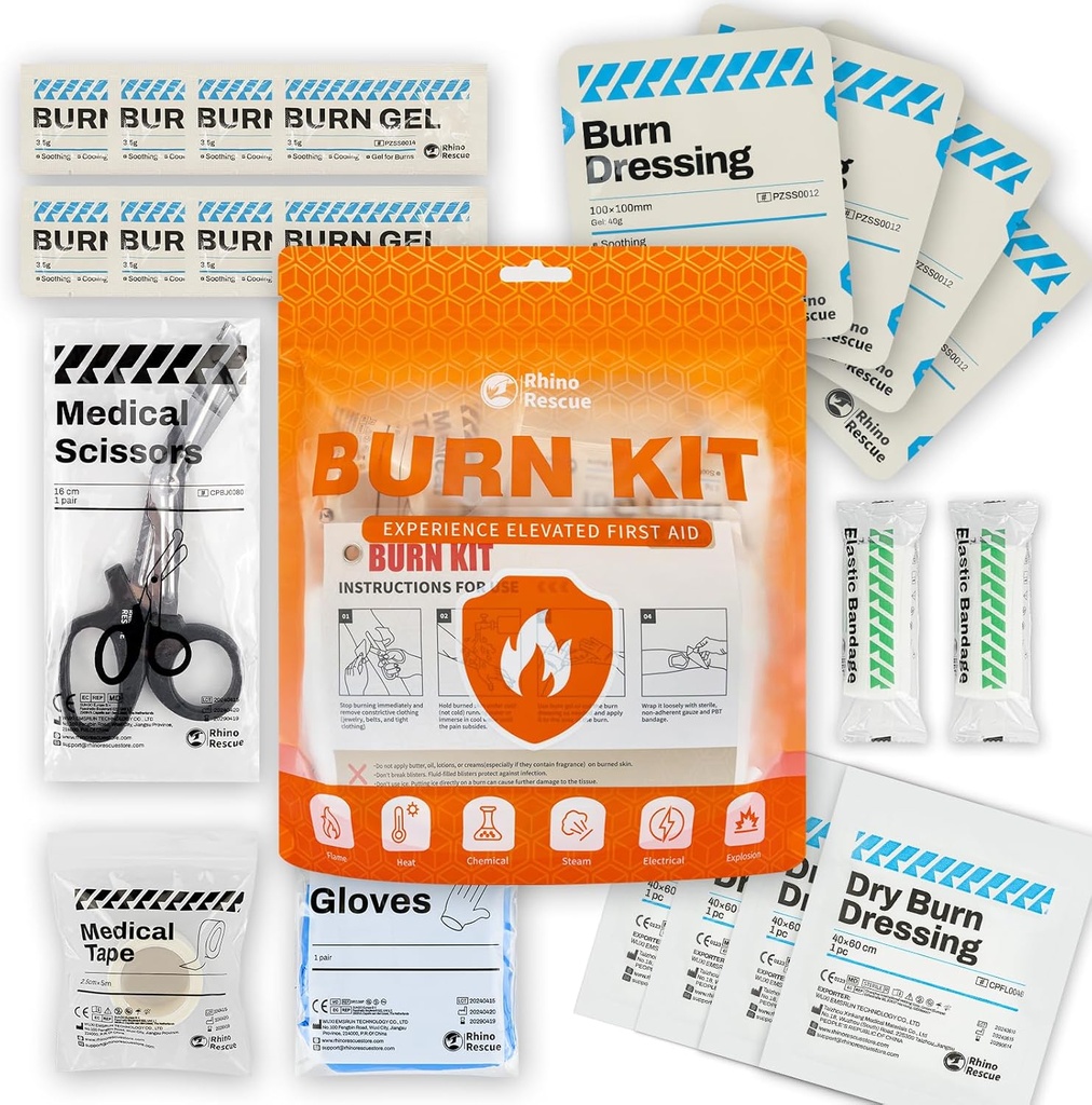 RHINO RESCUE Burn Kit, 4kpl Burn Dressings 4x4., 8kpl Burn Gel Packets 3.5g, 4kpl Burn Pads, Ensiapu Kit Cooling Rauhoittava Cream Relief with Bandage, Nitriili Gloves, Sakset, Nauha, HSA/FSA Oikeutettu