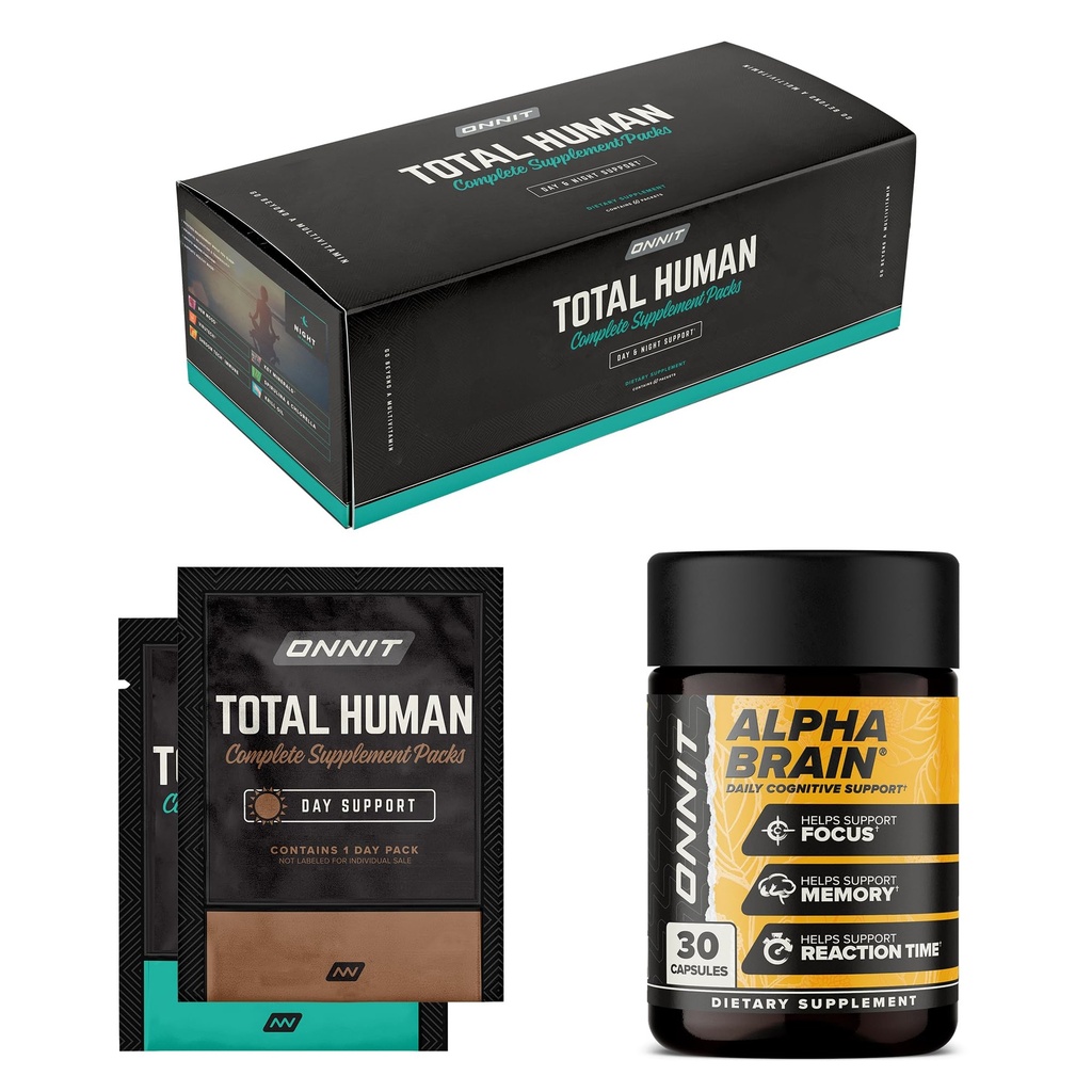 ONNIT Premium Alpha Brain Bundle - Nootropic Brain Supplement (30 greve) för fokus, koncentration och minne + Total Human Day och Night Vitamin Packs för män och kvinnor (30-dagars leverans)
