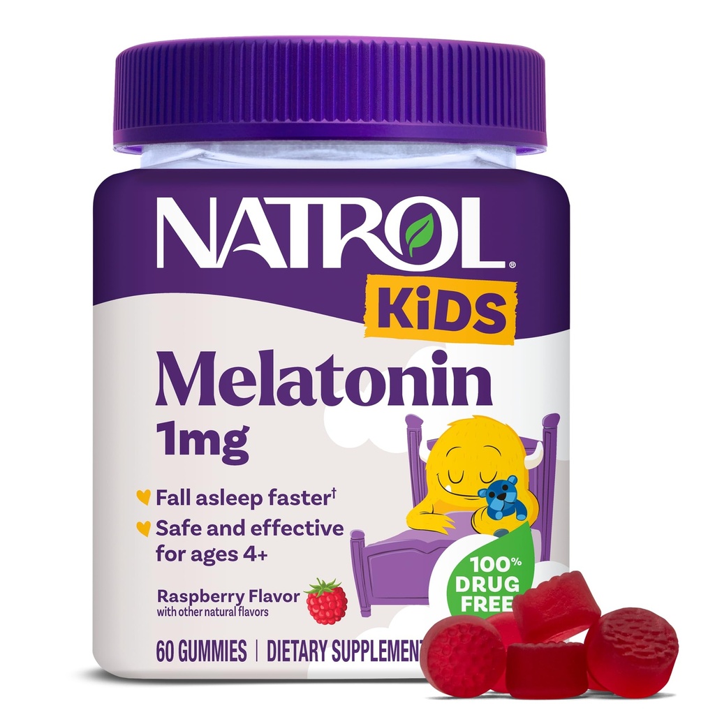 Natrol Kids Melatoniini Gummies 1mg, Lasten melatoniini lepoun, 60 Vadelma-Flavored Uni Gummies, 60 päivän tarjonta