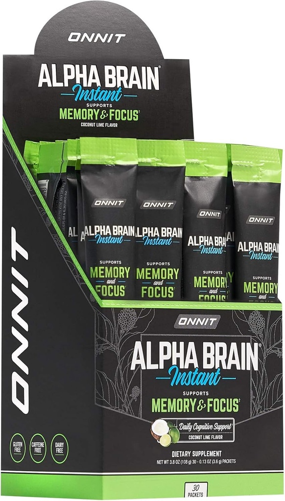 ONNIT Alpha Brain Instant - Coconut Lime Flavor - Nootropic Brain Booster Memory Supplement - Brain Support för Focus, Energy & Clarity - Alpha GPC Choline, Cats Claw, L-Theanine, Bacopa - 30ct