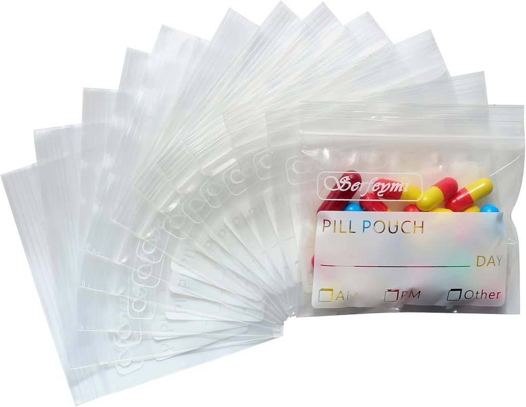 Serfeymi Pill Bags för Travel Pill Pouch Organizer Pack på 120 BPA Gratis 3 x 2,75 tum Återanvändbara Pill Pouches för Medicin med Skriv på Label & Zipper Seal Vattentät AM PM Pill Baggies för tillägg