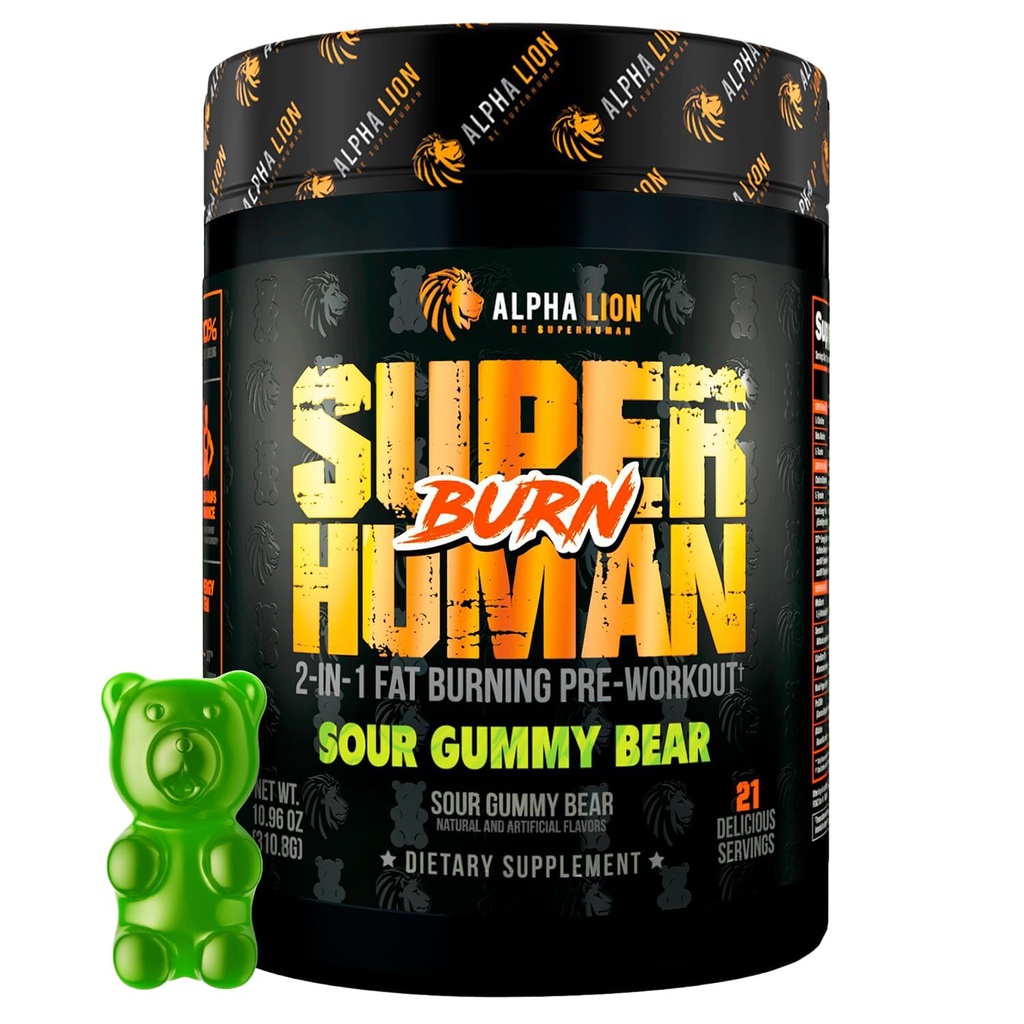 AAKKOSELLINEN LION Superhuman Burn ... 2 in 1 Metabolia Booster Pre Treout ja termogenic Fat Burner miesten ruokahalua Suppressant ja laihtuminen täydentää (21 tarjoilut, hapan Gummy Bear)