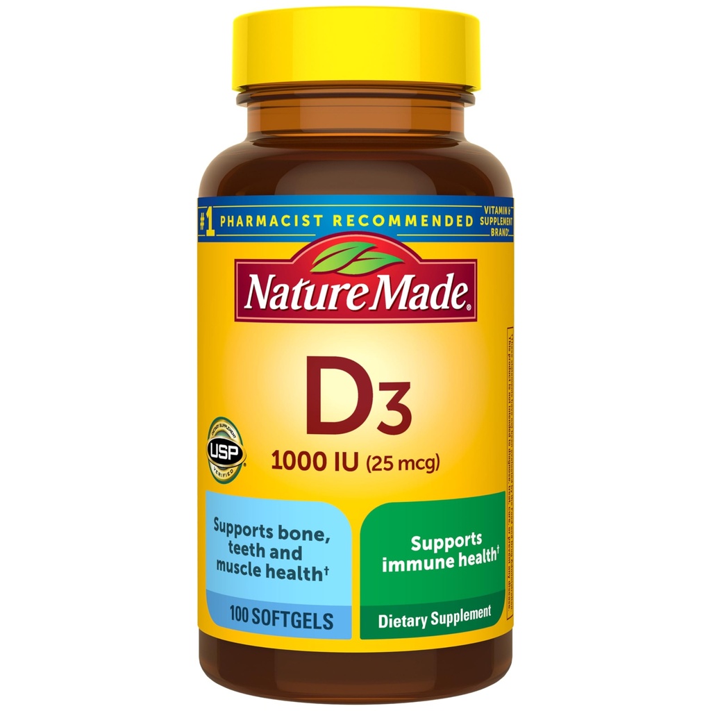 Nature Made Vitamin D3 1000 IE (25 mcg), Vitamin D Supplement för ben, tänder, muskel- och immunhälsostöd, 100 Softgels, 100 Day Supply