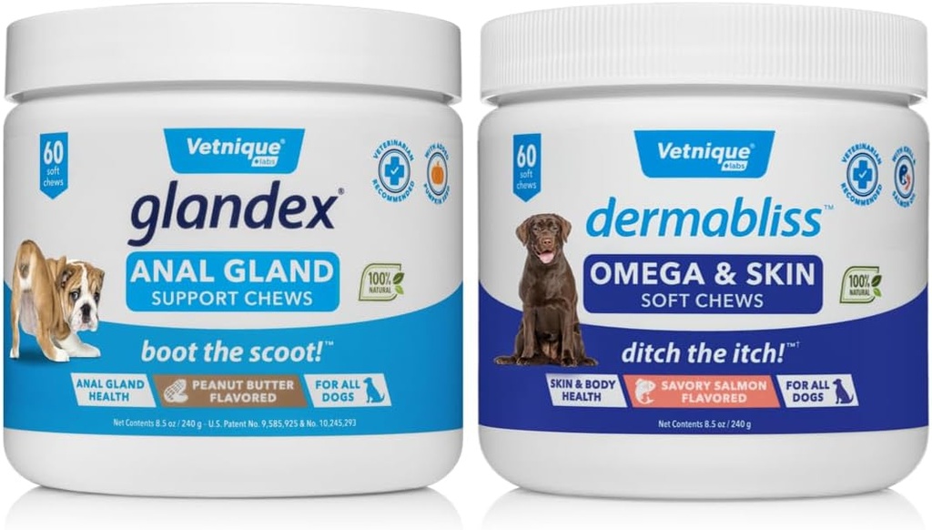 DEVTIQUE Dermabliss Omega & Skin Supplement Chews for Dogs (60ct) & Glandex Anal Gland Tuki Peanut Butter Soft Chews for Dogs (60ct) Bundle