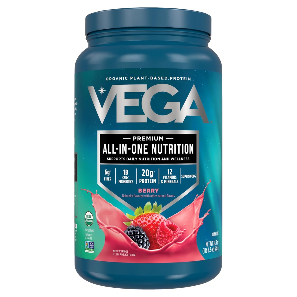 Vega Allt i ett näringsorgan - 20g Plant-Based Pea Protein, Berry, 20 portioner, vitamin A & C, Probiotika, gröna, Vegan, Keto, Gluten Free, 24.3oz (Packaging May Vary)