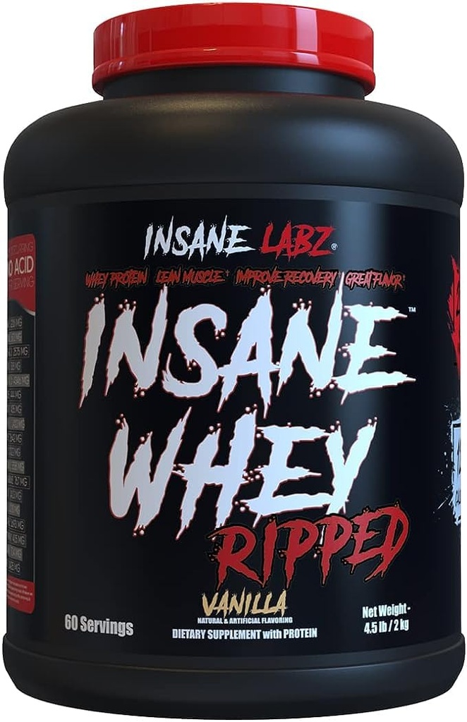 Insane Labz Insane Whey Ripped, Lean Muscle Building Proteiini L-karnitiini ja CLA Oil Powder, 5lbs 60 tarjoilua, Vanilja