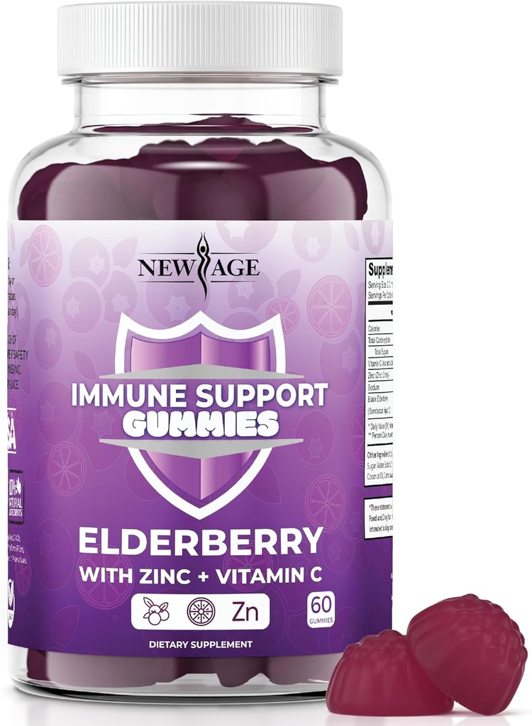 NEW AGE Immune System Support Gummies - Sambucus Black Elderberry Gummies med vitamin C och Zink (Immune Support 60 Gummies)