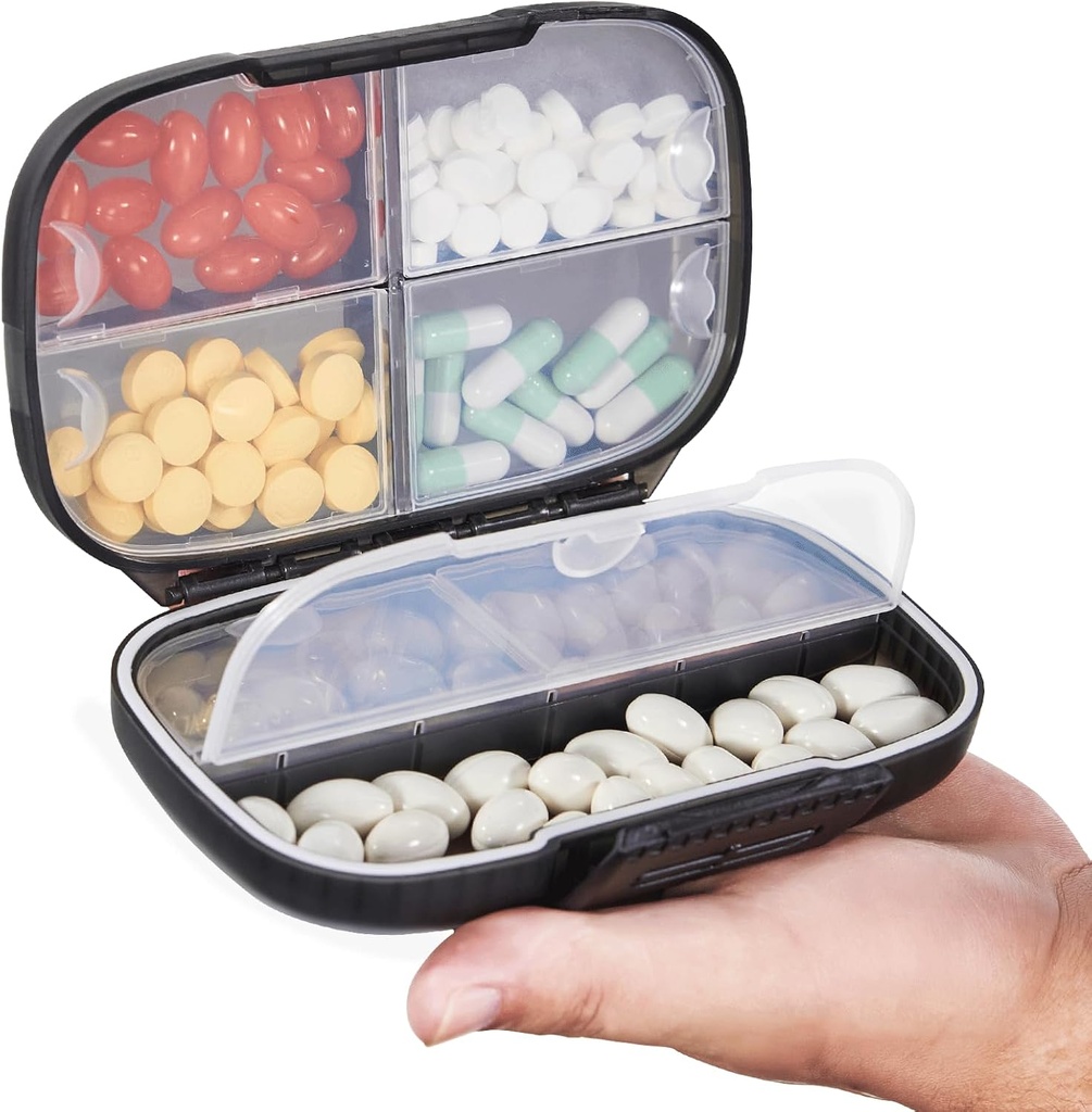 Sukuos Travel Pill Organizer Weekly med Double Lock, Portable Pill Box med Large 7 Compartment, Airtight Daily Medicine Case Container med etiketter för vitaminer / fiskoljor / tillägg