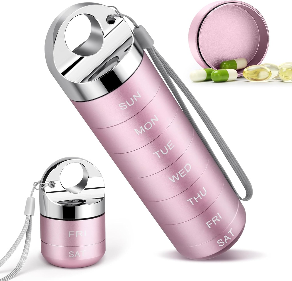 Metal Travel Pill Organizer, Kannettava Viikoittain pilleri laatikko, vedenpitävä suuri alumiiniseos 7 päivän vitamiinipakkaus, BPA Ilmainen päivittäinen lääke Organizer haltija vitamiini, täydentää, kalaöljy (söpö vaaleanpunainen)