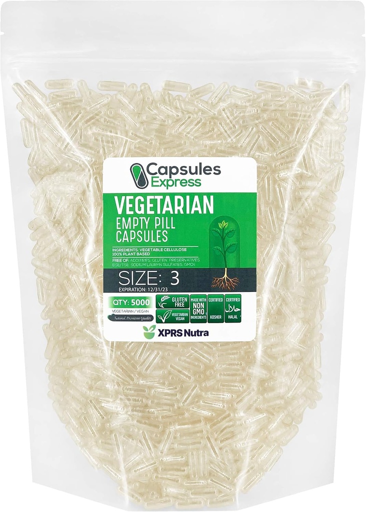 XPRS Nutra Size 3 Empty Capsules - 5000 Count Clear Empty Vegan Capsules - Vegetarian Empty Pills - DIY Vegetable Capsule Fyllning - Veggie Pill Caps