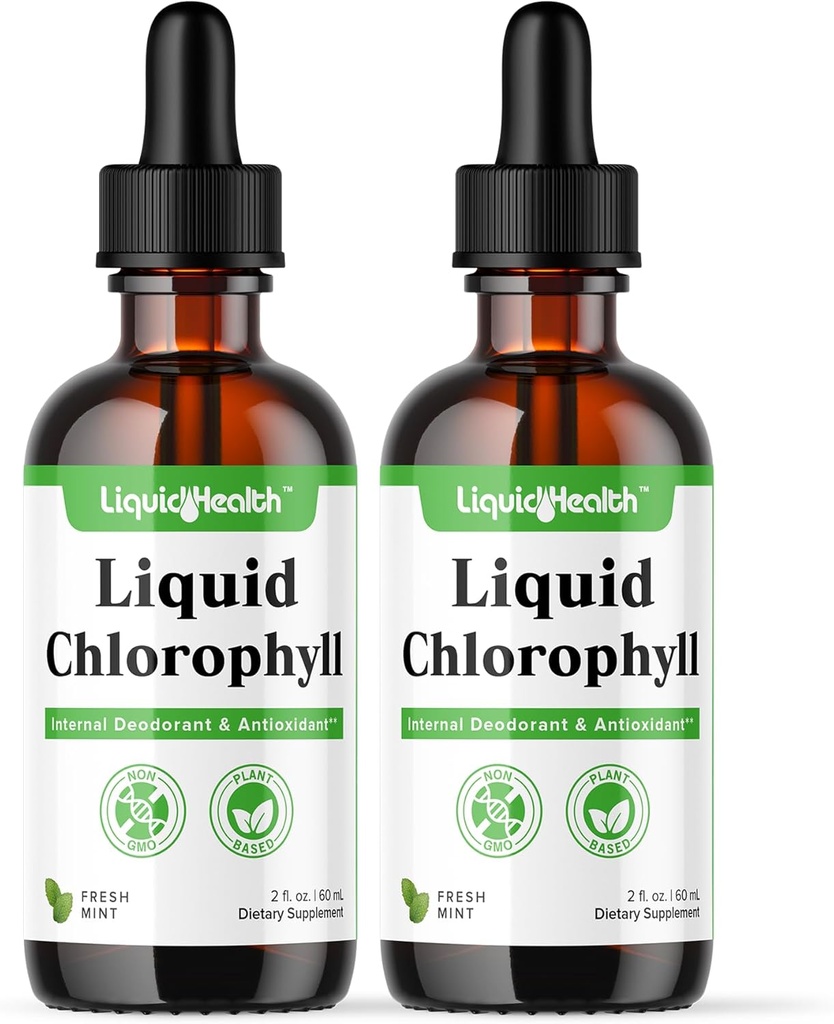 LIQUIDHEALTH Liquid klorofylli drops - sisäinen deodorizer, antioksidantit, maksan detox, immuuni tuki, lievittää pahaa hengitystä, vähentää ruokahalua, kollageeni hiusten ja ihon terveys - Vegan, ei-GMO (2 pakkaus)
