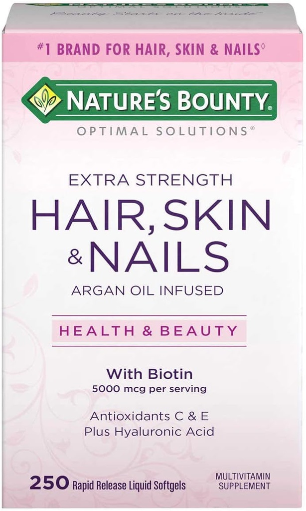 Naturens Bounty Hair Skin och Nails 5000 mcg Biotin - 250 belagda tabletter Regelbunden och extra styrka (Extra Styrka, två flaskor vardera 250 Softgels)