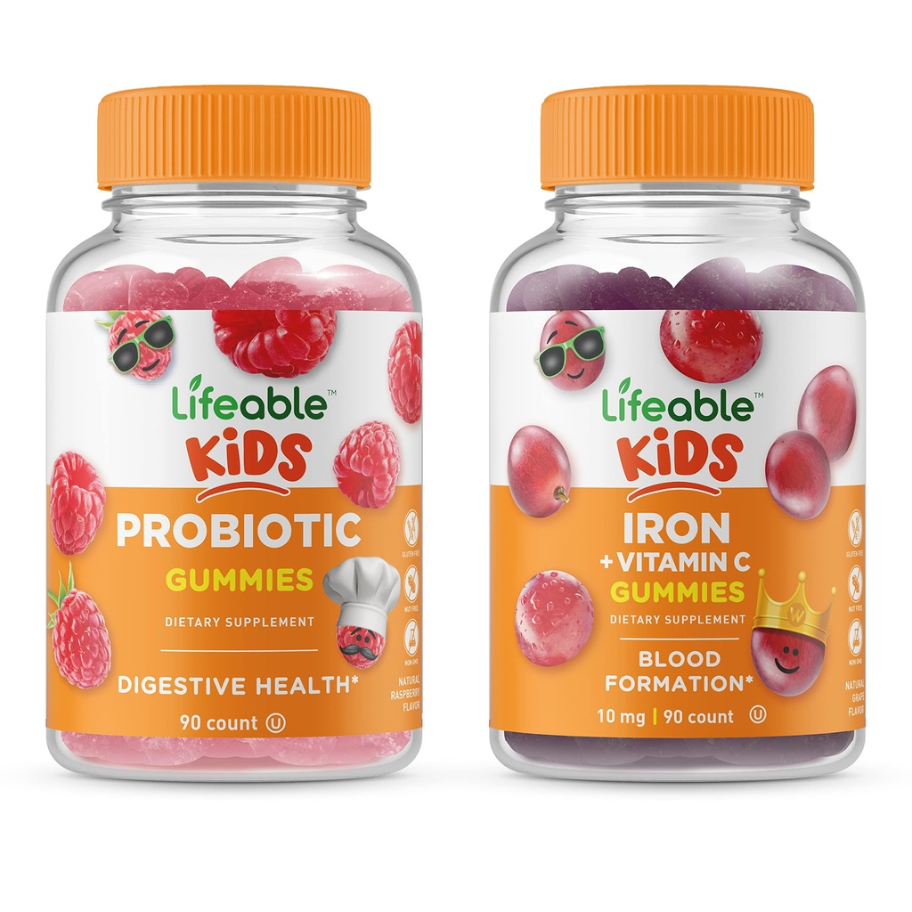 Elinkelpoinen Probiootti 2 Miljardia PMY Lapset + Rauta & Vitamiini C Lapset, Gummies Bundle - Suuri Maku, Vitamiini Supplement, Gluteeniton, GMO-vapaa, Pureskeltava Gummy