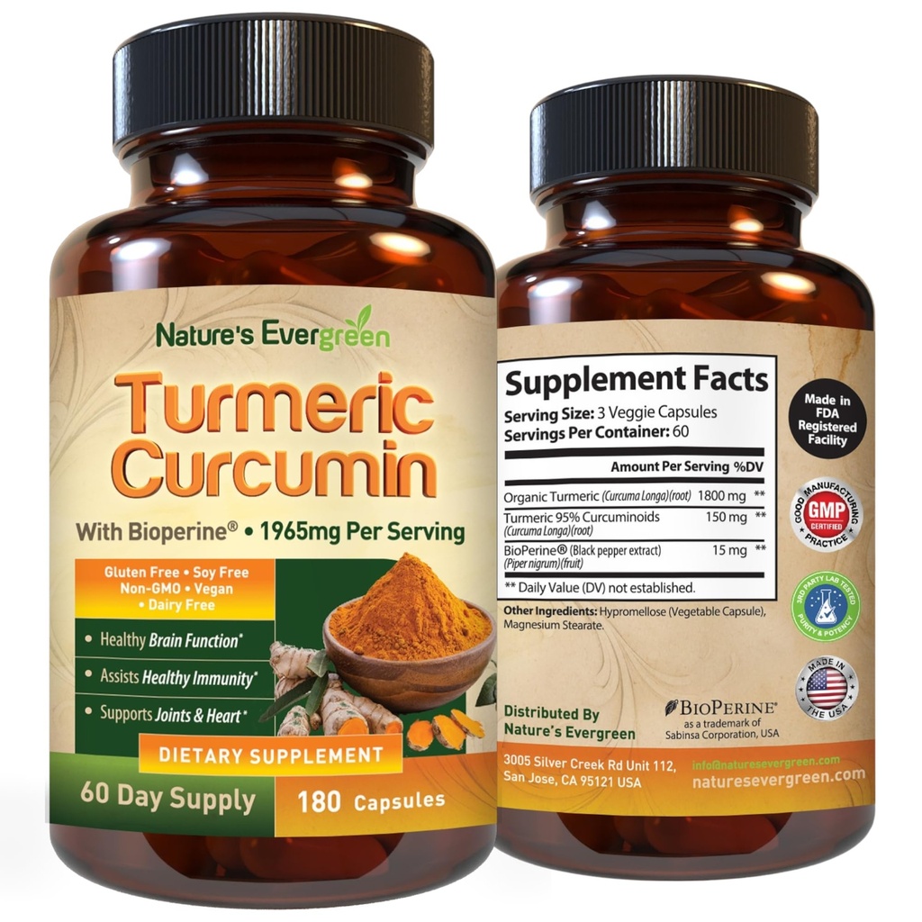 Gurkmeja Curcumin med Black Pepper Extract (Bioperine) & Organic Turmeric Vegan Joint Support Supplement. Extrahera 95% Curcuminoids 1965mg Supplement för hälsosamt gemensamma och immunstöd. 180 kapslar