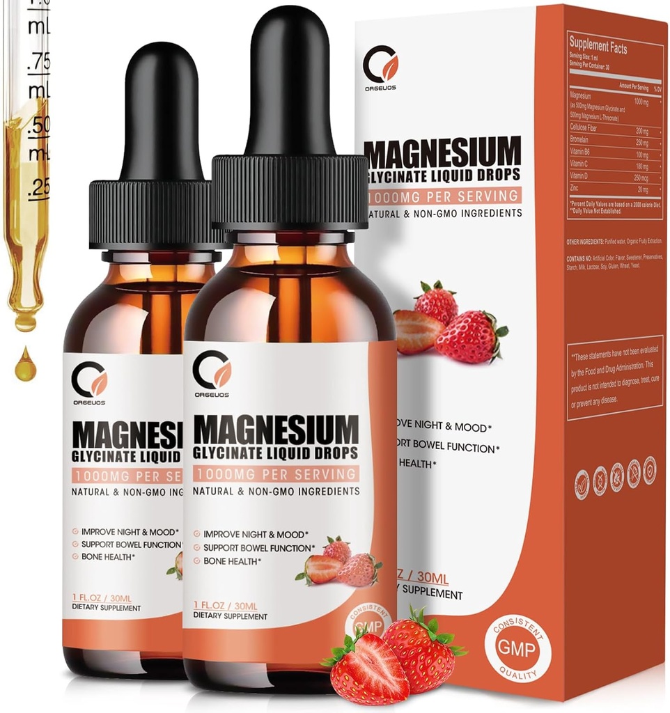 Magnesium Glycinate Liquid Drops,1000 mg Liquid Magnesium Supplement med Bromelain, Vitamin B6 C D, High Absorption Magnesium Komplex för natt, Muscle & Energy Support, 1 Fl Oz (Pack of 2)