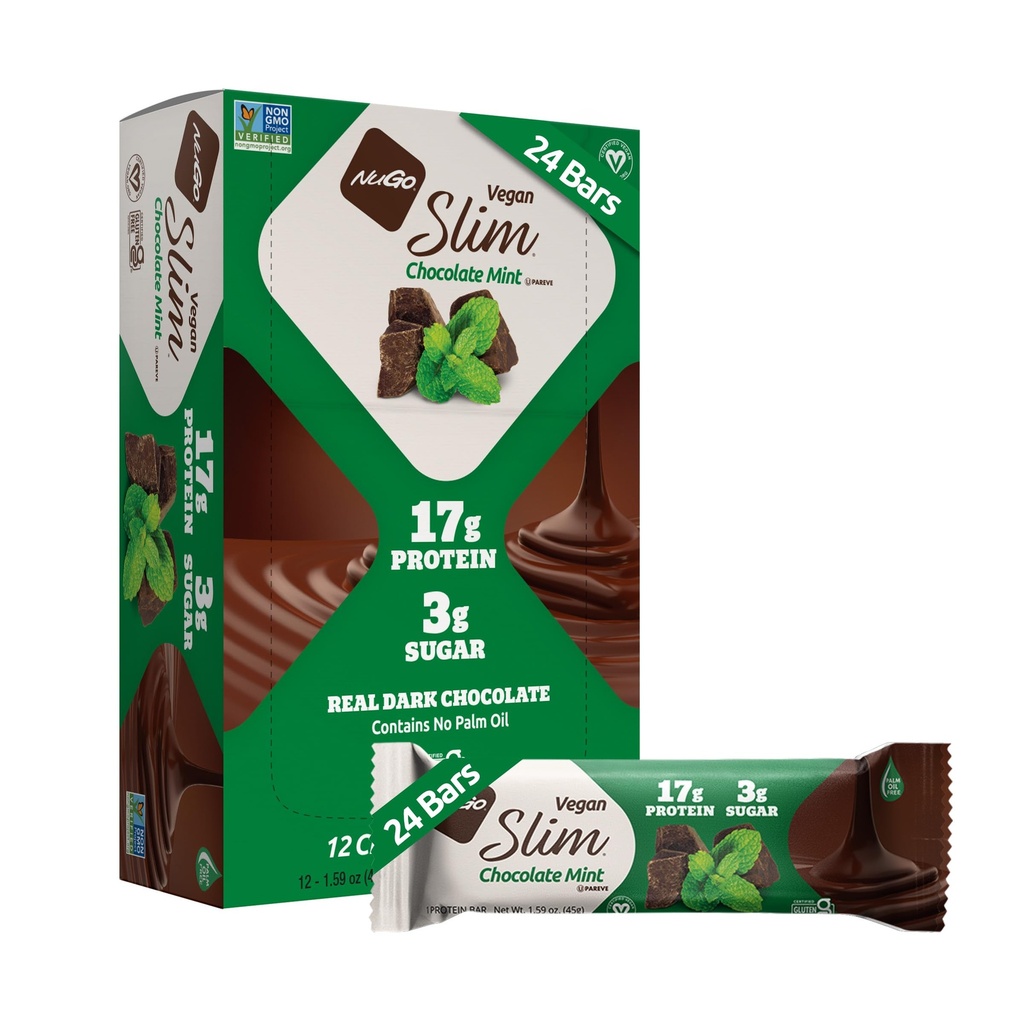 Nugo Slim Dark Chocolate Mint, 18g Vegaaniproteiinia, 3g sokeria, 6g kuitua, matala net Carb, Keto Friendly, Gluteeniton, 24 kreivi