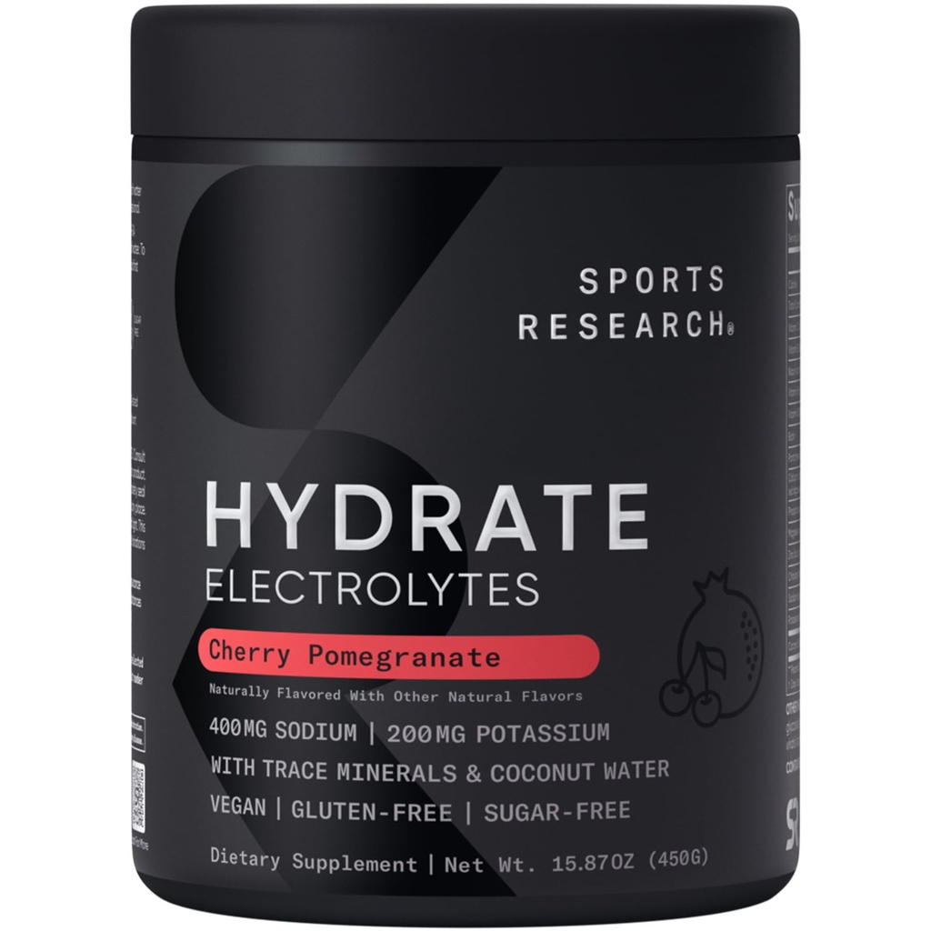 Sports Research® Hydrate Electrolytes Powder - Sugar-Free & naturligt smaksatt med vitaminer, mineraler och kokosvatten - Stöder Hydration - Cherry Pomegranate - 90 portioner