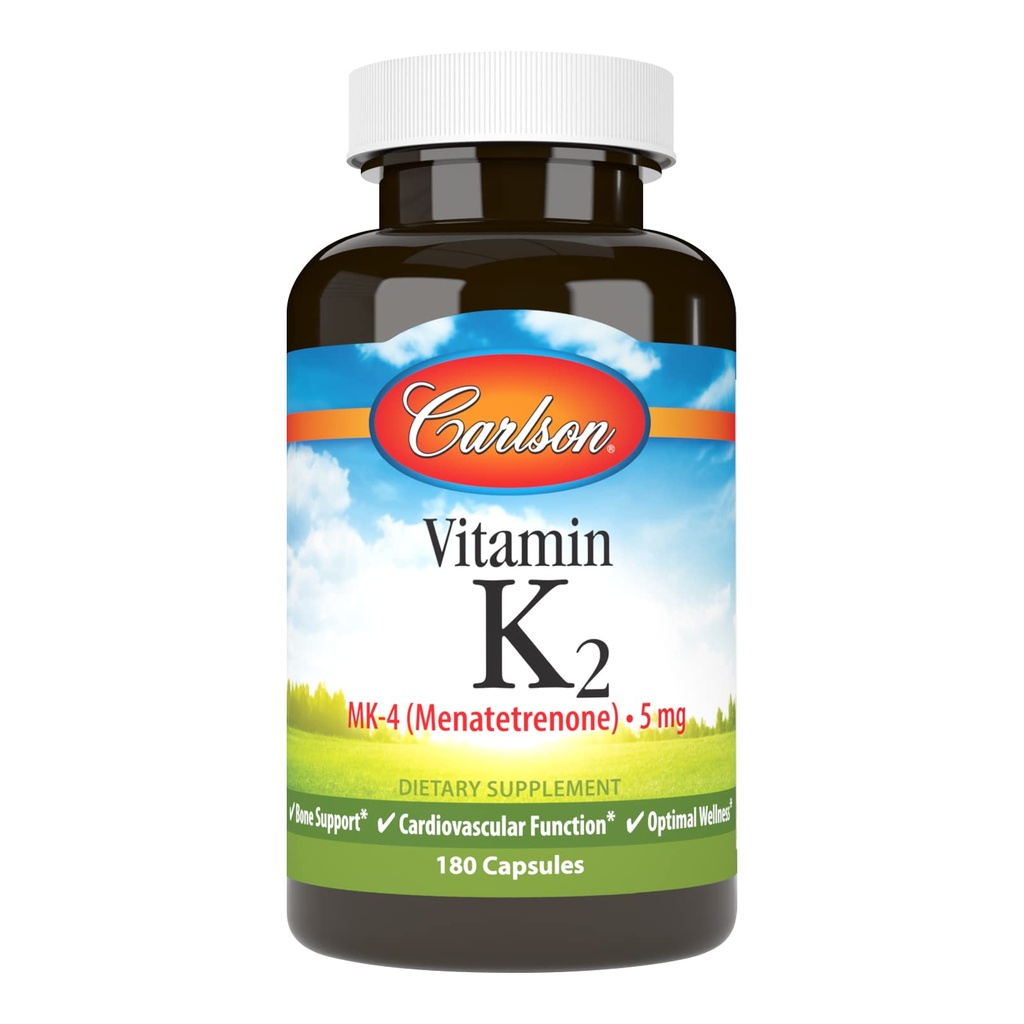 Carlson - K2-vitamiini, MK-4 (Menatetrenoni), K-vitamiinilisä, Bone & Heart Health, K2-vitamiini, soijaton, K-2-vitamiini, K2-vitamiini, 180 kapselia