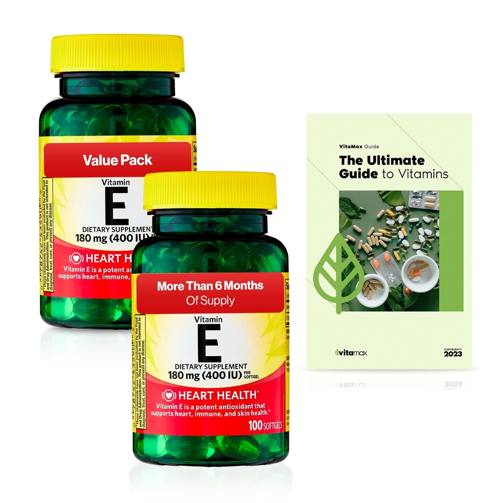 Spring Valley E Heart Health Dietary Supplement Softgels, 180 mg (400 IU), 200 Count, 2-Pack + Exclusive VitaMax Vitamin Guide (3 tuotetta)