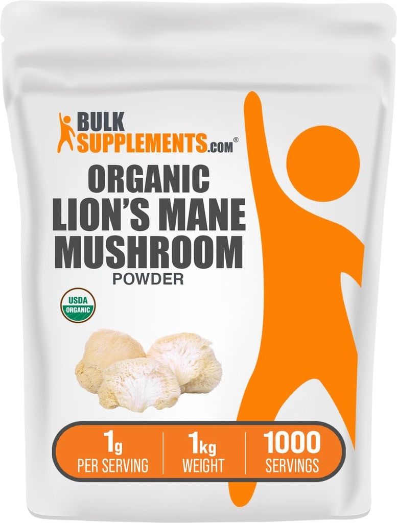 BulkSupplements.com Organic Lions Mane Mushroom Powder - Lions Mane Powder, Mushroom Supplement - Vegan & Gluten Free, 1g per Servering, 1kg (2,2 lbs) (Pack av 1)