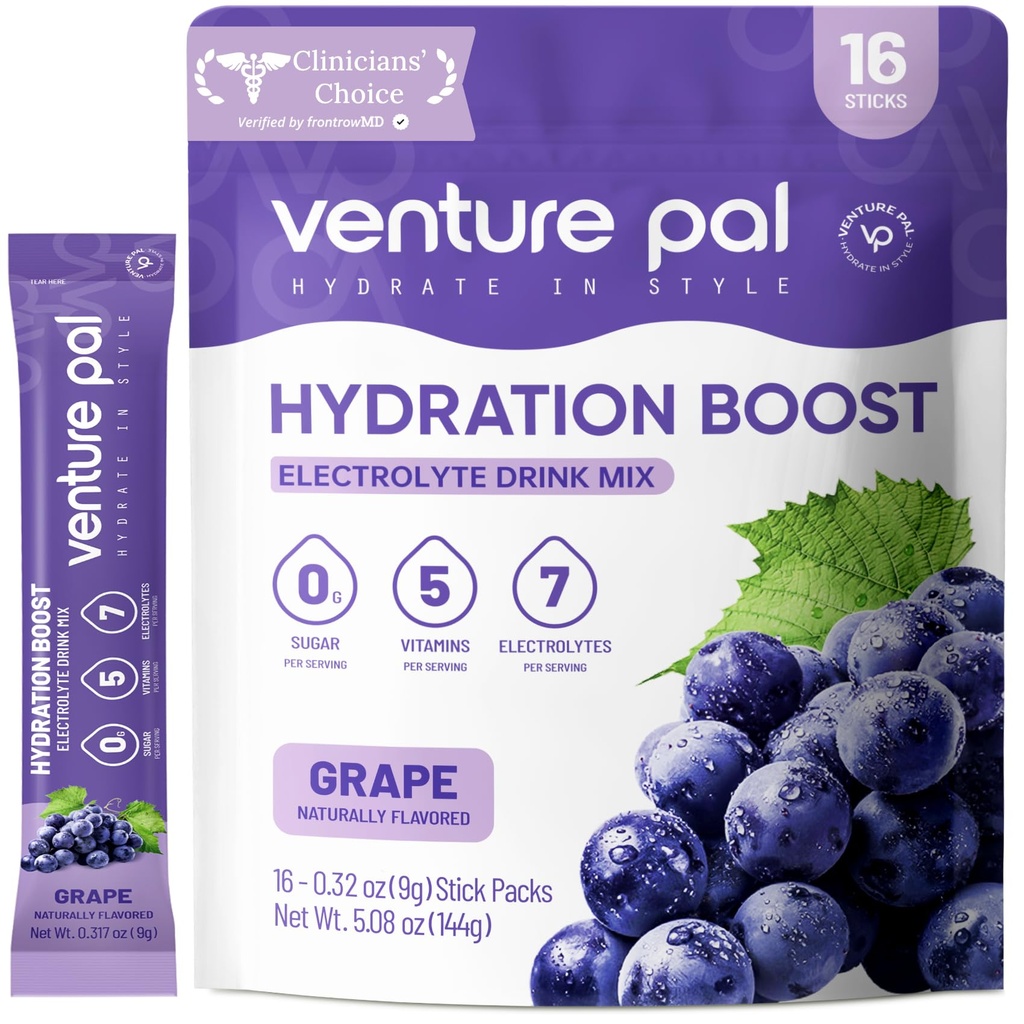 Venture Pal Sugar Free Electrolyte Powder Packets - Liquid Daily IV Drink Mix för snabb Hydration & Party Recovery | 5 Vitaminer & 7 Electrolytes | Keto Friendly | Non-GMO | Certified Vegan | 16 Sticks