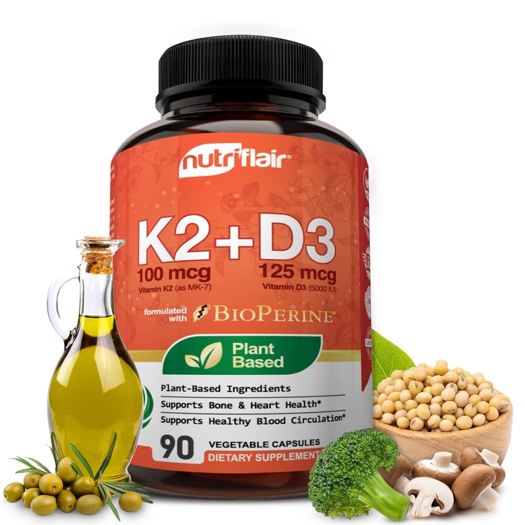 NutriFlair Vitamins D3 (5000iu / 125mcg) + K2 (som Mk7) - Tillverkad med växtbaserade ingredienser Plus BioPerine Black Pepper Extract, 90 kapslar - Stöder hälsosam immun, hjärta och hälsa - Icke-GMO piller