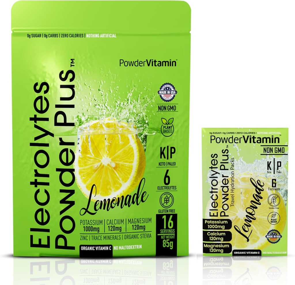 PowderVitamin Elektrolytes Powder Plus, Keto, sitruunamehu, sokeriton, vaaleanpunainen Himalajan suola, 1000 mg Kalium, 120 mg kalsium, 120 mg magnesium, ei-GMO, nollakalorit, (16 hydrauspakkaus)