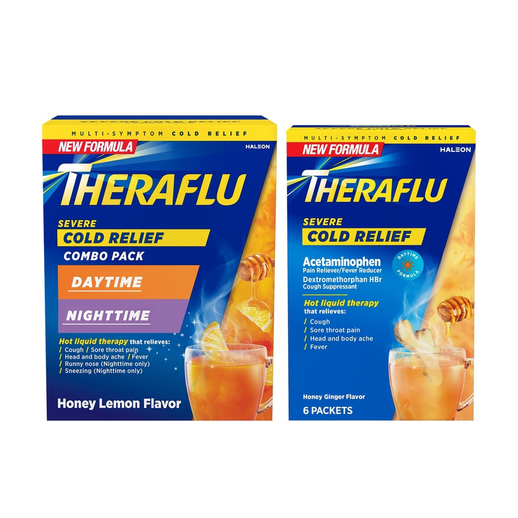 Theraflu Severe Cold Relief Hot Liquid Powder Combo: 12ct Daytime / Nighttime Honey Lemon Flavor + 6ct Daytime Honey Ginger Smak