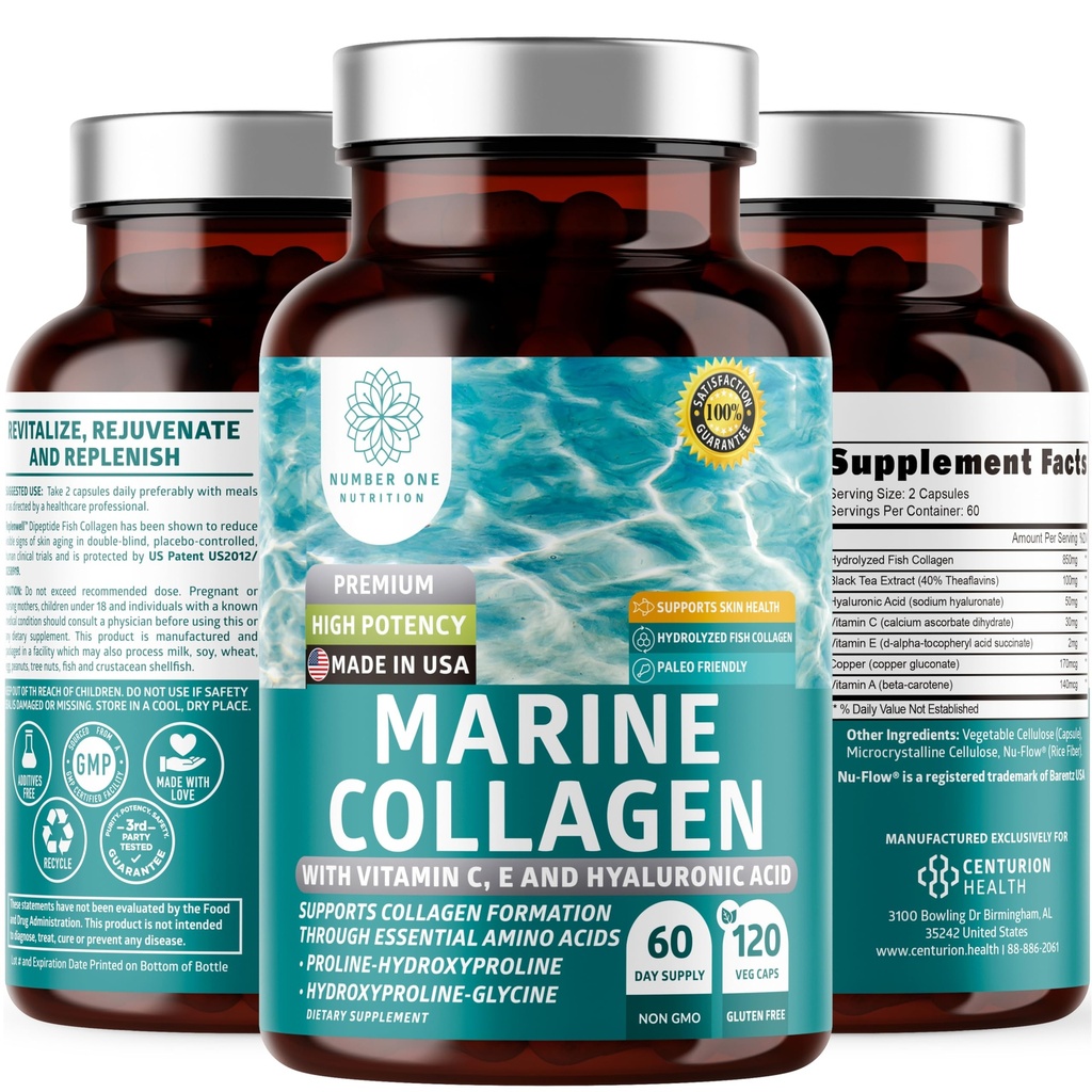 Premium Marine Collagen Dipeptidit Hyaluronihappo, C-vitamiini, Theaflaviini ja kupari, Collagen Supplement naisten ja miesten Radiantti iho, hiukset ja kynnet, Gluteeniton ja ei-GMO, 120 Veg Caps
