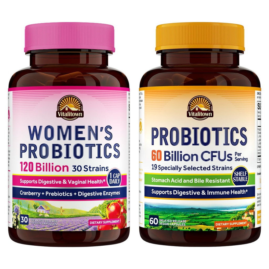 Vitalitown Probiootti Bundle (Pack of 2) Naisten Probiootit 120 miljardia (Item 1) & Probiootit 60 miljardia (Item 2) 