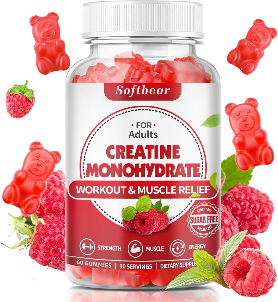 mjukbjörn Kreatin Monohydrat Gummies för Män Kvinnor, Vegan Kreatin Supplement 5000mg Kreatin HCL Pre Workout Gummies för muskelbyggare Strength Raspberry Flavor 60 Count