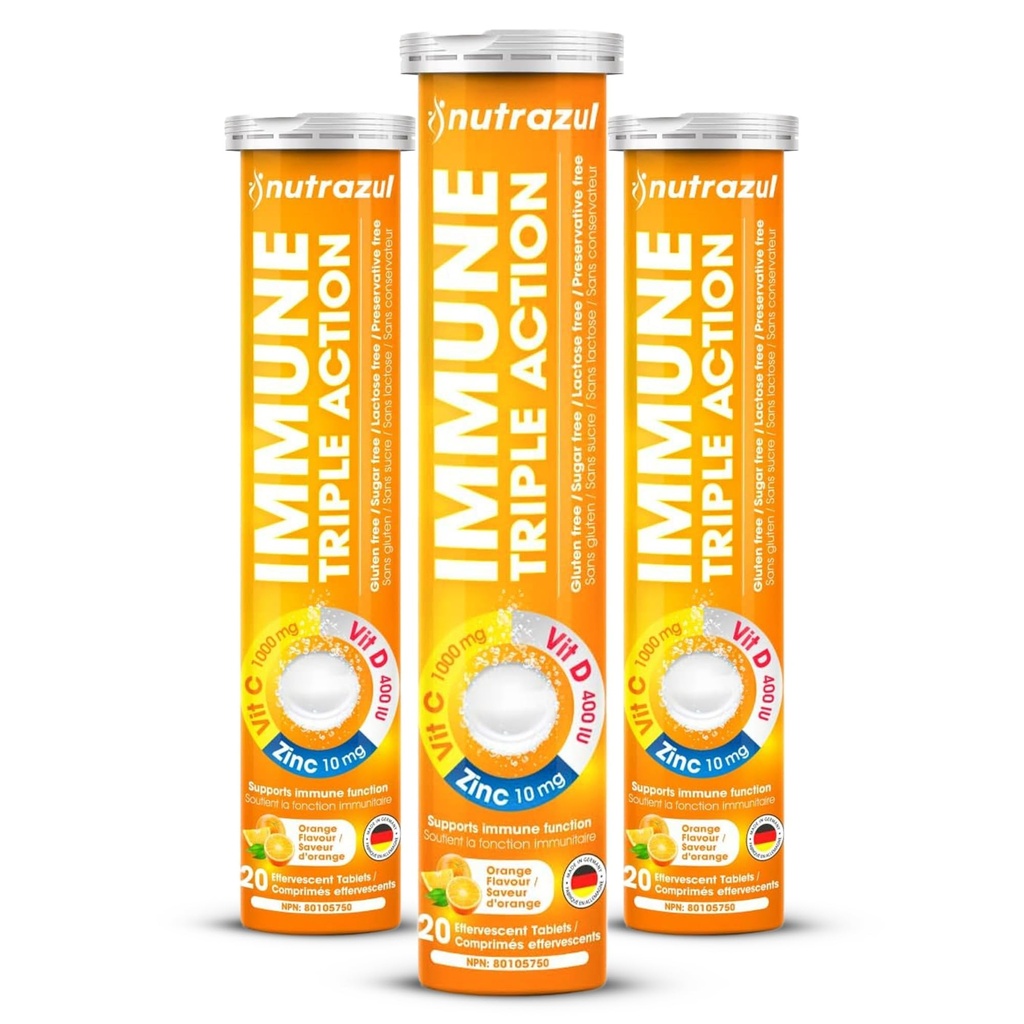 nutrazul Immuuni Triple Action Effervescent Tabletit, joissa C-vitamiini 1000 mg, D-vitamiini, Sinkki, Tuki päivittäin Rutiini, Gluteeniton, Sokeriton, Laktoositon, Orange Flavor, 20 tablettia (pakkaus 3)