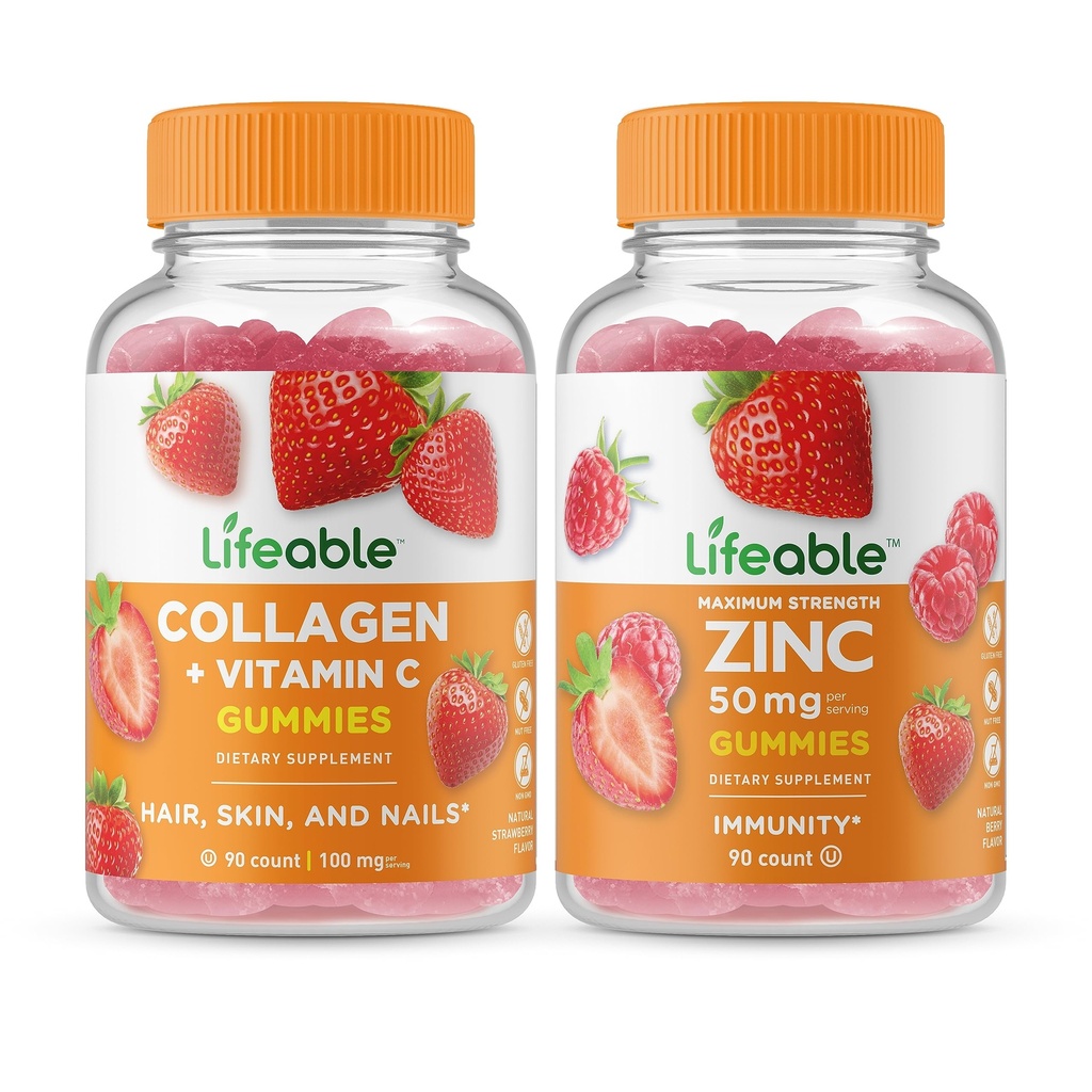 Elinkelpoinen kollageeni & C-vitamiini + Sinkki 50 mg, Gummies Bundle - suuri maku, vitamiinilisä, gluteeniton, GMO-vapaa, purukumi