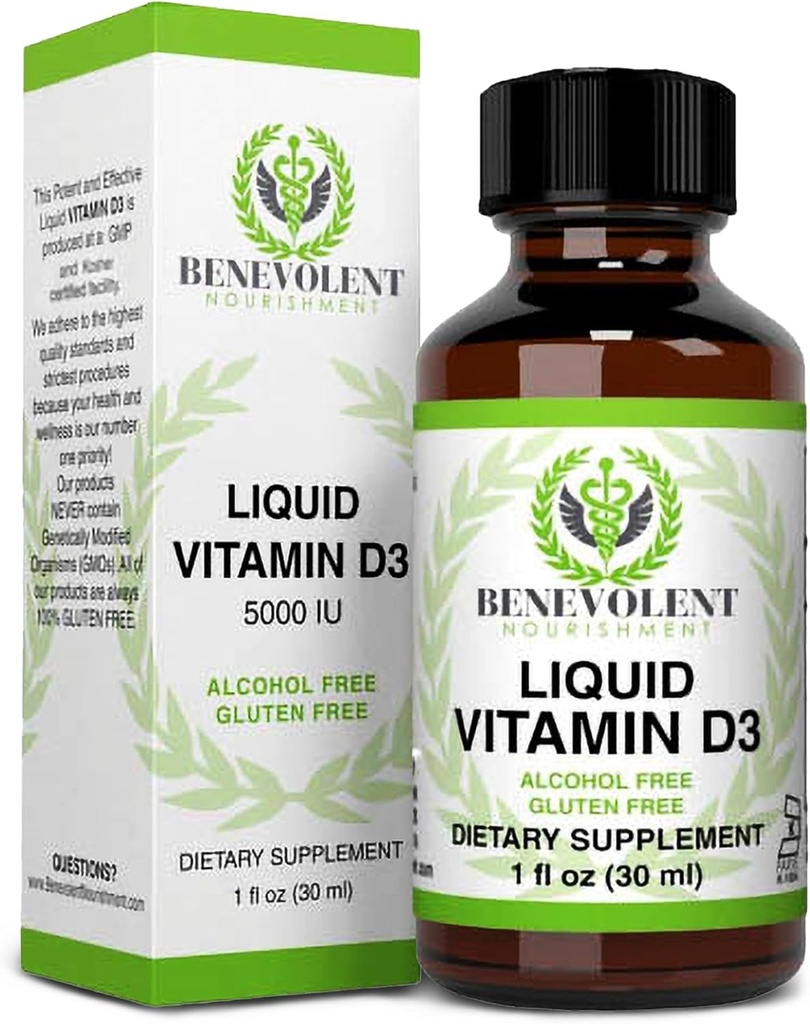 Benevolent Nourishment Vitamin D3 Drops 5000 IE - Potent & Effective 1000 IE per Drop - Fast Absorbing Liquid Dietary Supplement - 100% alkohol & Gluten Free