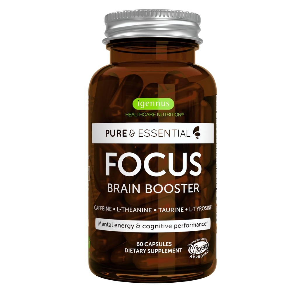 Igennus Focus - Nootropic with 200mg Natural Comfeine, Methylated B Vitamiinit, L-Theanine, Tauriini, L-tyrosiini, puhdas energia, aivojen Booster & Cognitive Performance, Non Jittery, 60 kapselia