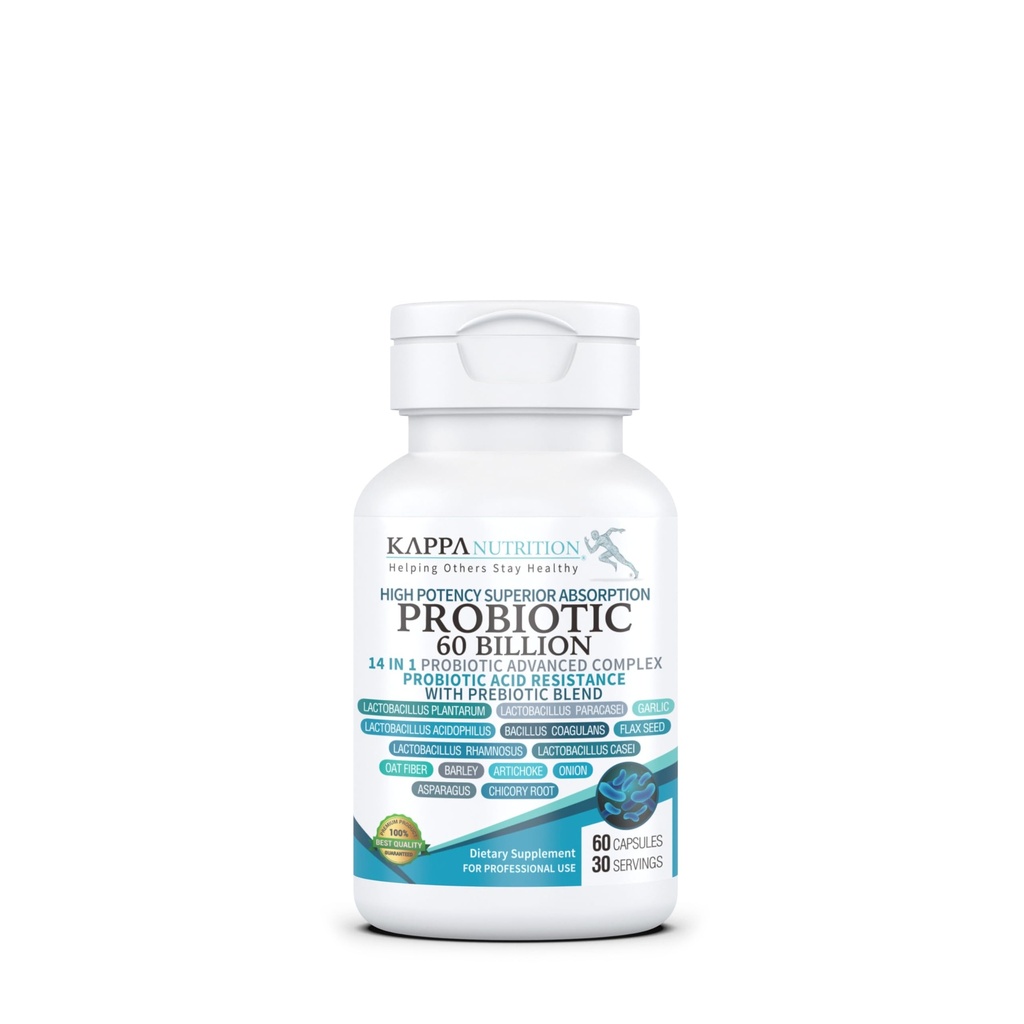 KAPPA NUTRITION Probiotic 60 Billion CFU 14 i 1 Formel med Prebiotics & Acidophilus för kvinnor, män och vuxna, hållbarhetsstabil, syraresistent, naturligt tillskott 60 kapslar.