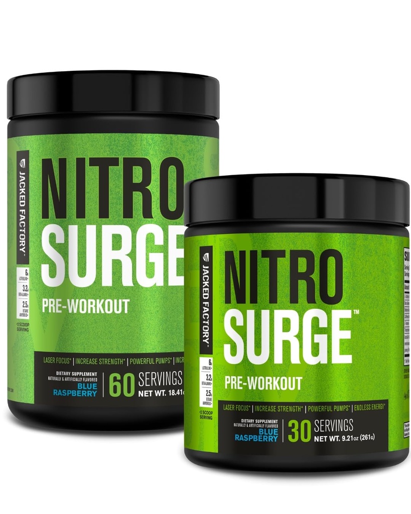 Jacked Factory NITROSURGE Pre harjoitus täydentää - Energy Booster, Instant Strength Voitot, Clear Focus & Intense Pumps - NO Booster & Powerful Preworkout Energy Powder - 90 tarjoilut, Blue Vadelma
