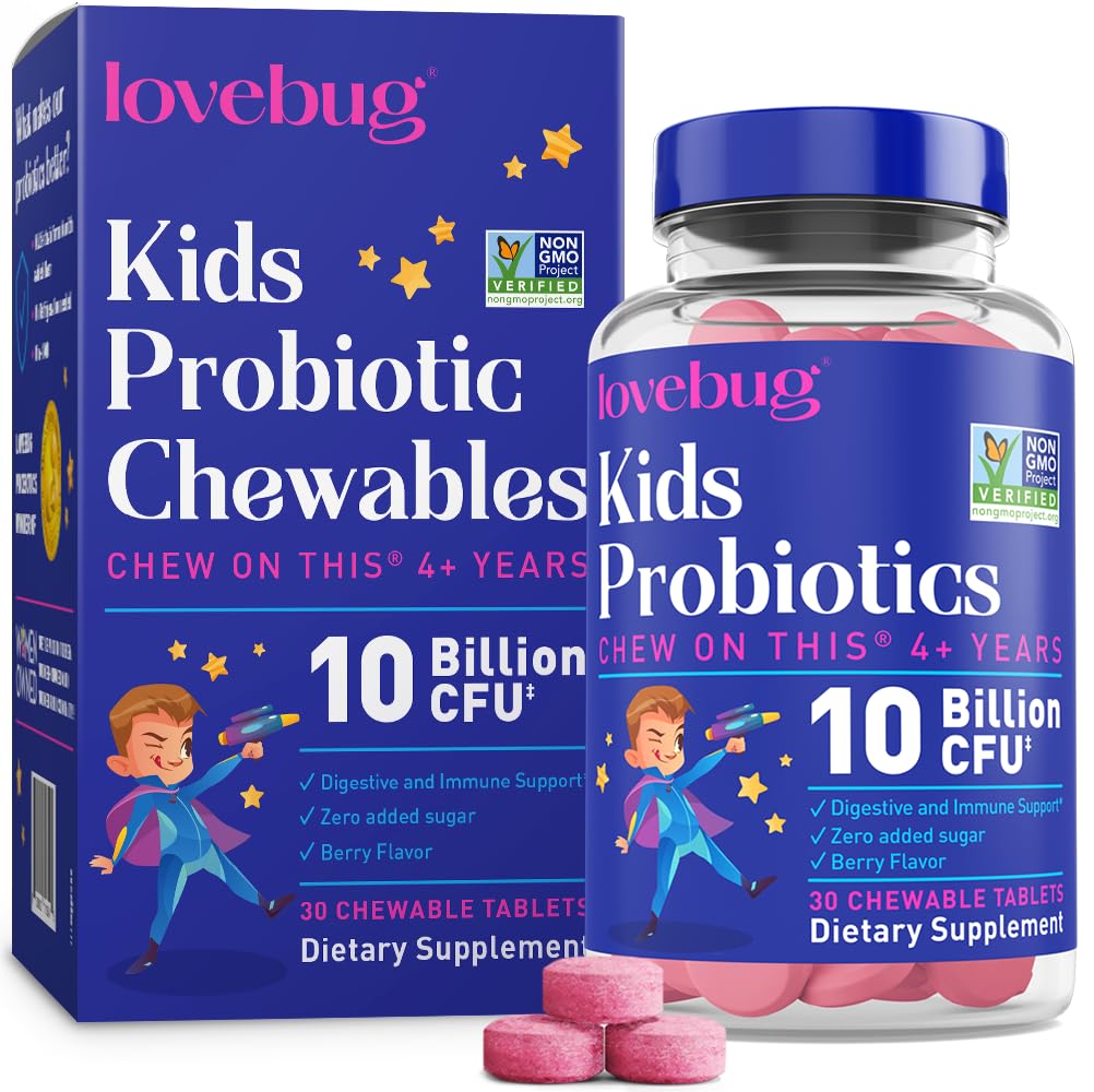 LOVEBUG Probiootit lapsille Probiootti purukumia prebioottikuitua ikä 4+,Daily Lasten Gut Health & Dgestive Support Supplement, Sokerivapaa marja maku, 30 Count