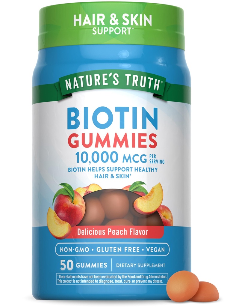 Naturens sanning Biotin Gummies | 10000mcg | 50 greve | Vegan, icke-GMO & Gluten fri tillägg | Peach smak