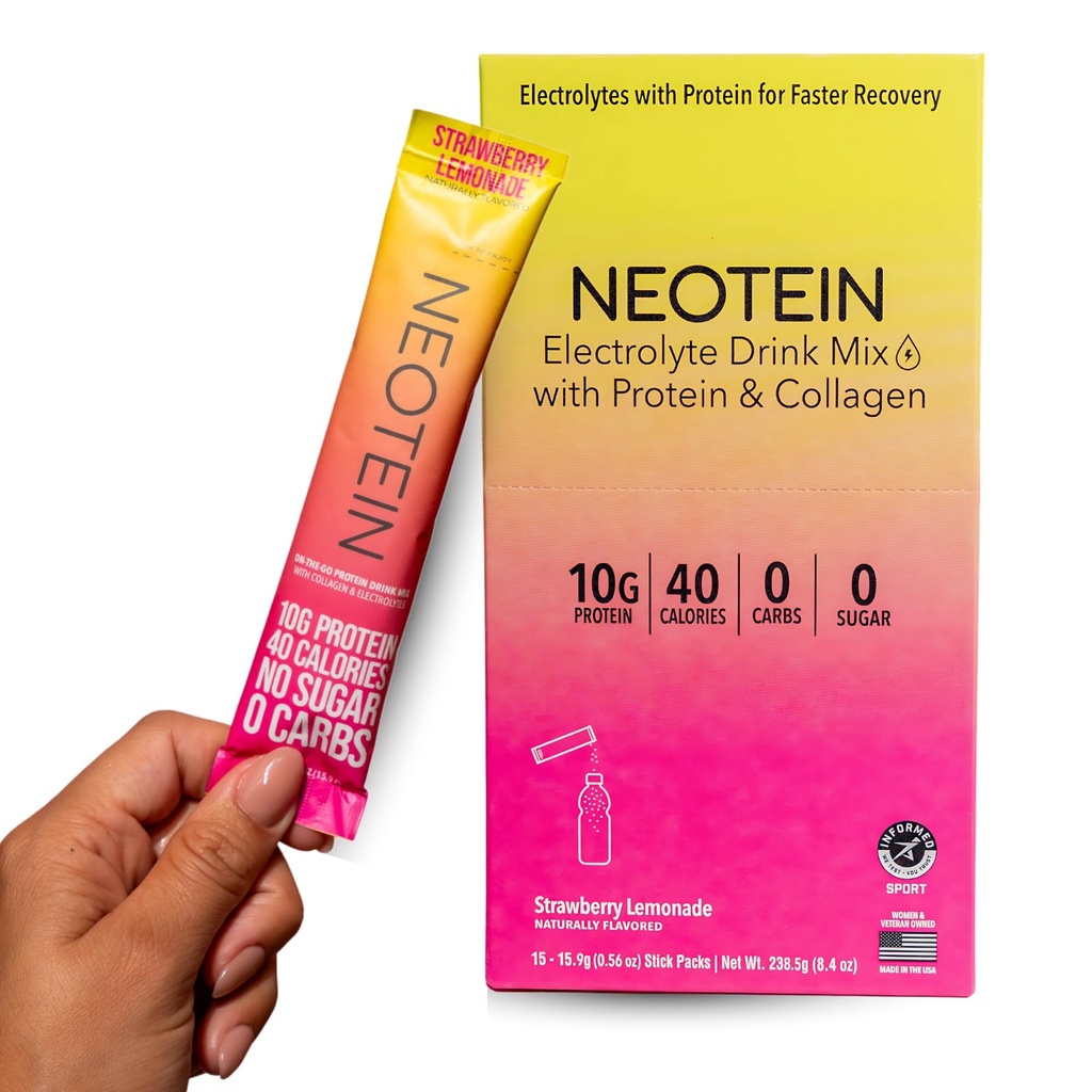 NEOTEIN: Elektrolyyttijauhepakkaus, proteiinijauhe 10g proteiinia ja kollageenia. Kosteuspakkaus - nollasokeria, EI täyteaineita.