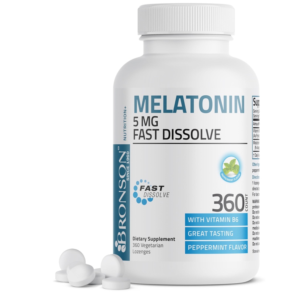 Bronson Melatoniini 5 mg Nopea liuotus Piparminttu Tabletit B6-vitamiini - Edistää rentoutumista, 360 Kasvissyöjä purutabletti